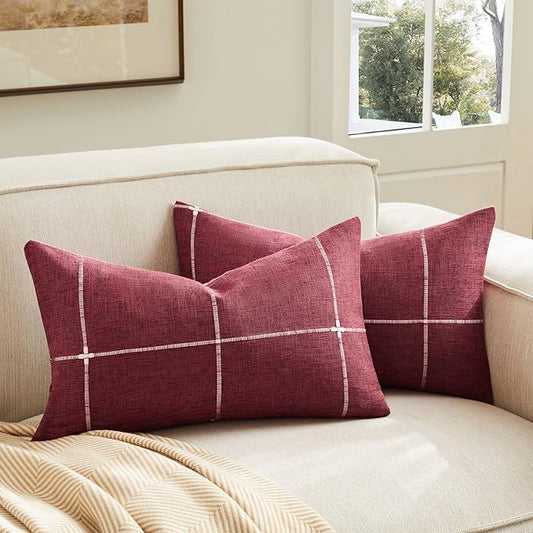 2 Packs Grid Embroidery Lumbar Throw Pillow Covers, 12x20 Inch Burgundy, Farmhouse Linen Decorative Red Cushion Covers for Sofa Bed Living Room Home Decor