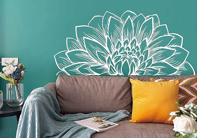 Mandala in Half Dahlia Wall Decal Lotus Flower Interior Home Decor Meditation Mandala Wall Art Stickers BA787 (White, M-15.7X31.5inch)