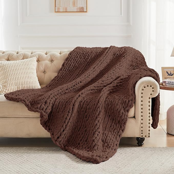 Carriediosa Chunky Knit Throw Blanket 60" X 80" Twin, 100% Hand Made Large Chenille Loop Yarn Soft Fluffy Throws for Couch Sofa Bed, Big Crochet Cozy Heavy Thick Cable Woven Blanket, Cocoa Brown