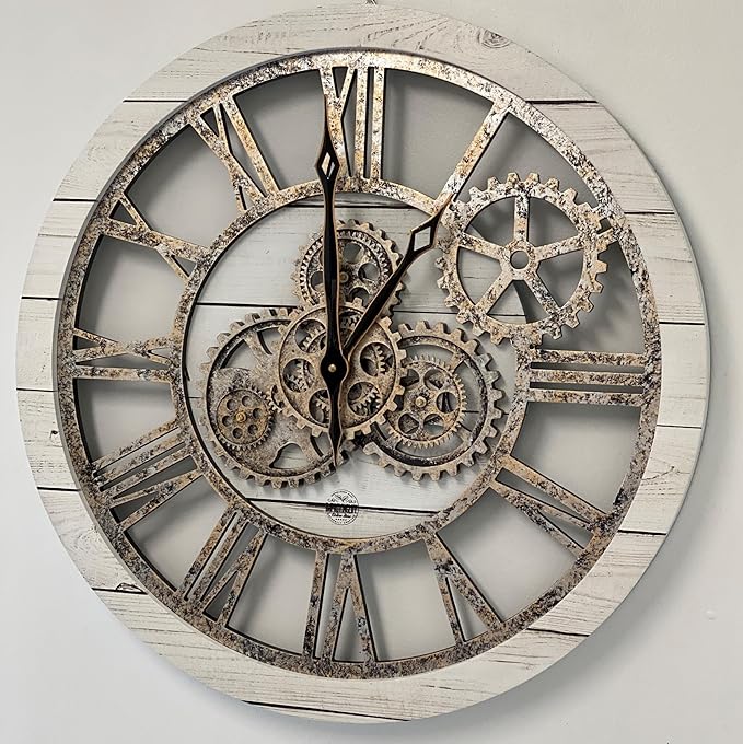 ImprovingLife The Gears Clock The Original Real Moving Gear Wall Clock Vintage Industrial Oversized Rustic Farmhouse (24 inch (60cm),White Farmhouse)