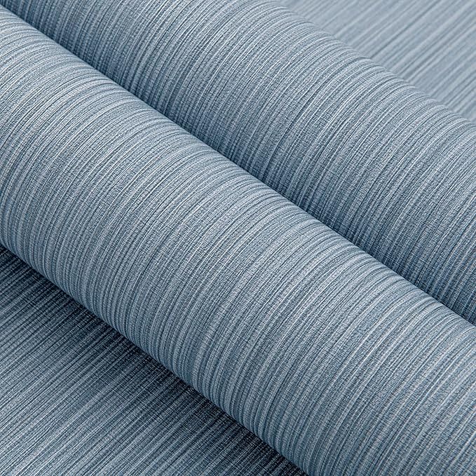 Blue Grey Faux Grasscloth Wallpaper Peel and Stick Linen Textured 24"x394" Upgraded Thick Self-Adhesive Waterproof Neutral Decorative Contact Paper Vinyl Film Roll for Wall Bedroom Kitchen