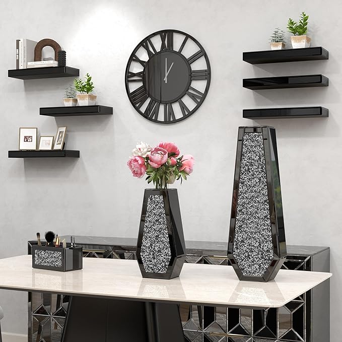 SHYFOY 32" Modern Black Mirror Finish Wall Clock with Roman Numerals – Silent, Non-Ticking – Decorative Wall Clock for Living Room, Bedroom, Office