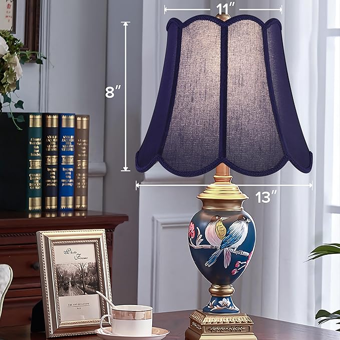 GOSO 13 Inch Medium Blue Wavy Scalloped Lamp Shade for Table Lamp and Floor Lamps Replacement,Art Deco Floral Petal Edge Faux Silk Lampshade,8×13×11 Inch Spider Lampshades for Bedroom,Easy Assembly