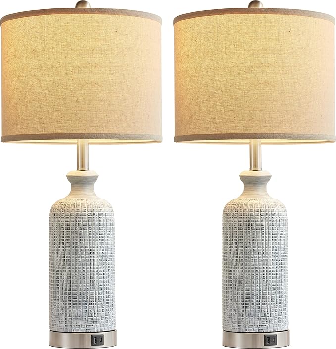 Living Room Lamps Set of 2, 27" Touch Lamps for Nightstand with USB A+C Ports, Modern Farmhouse Table Lamps for Bedroom, 2 Bulbs Included