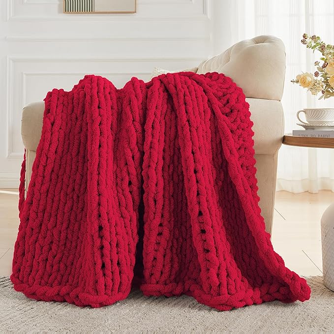 Carriediosa Chunky Knit Throw Blanket 50" X 60", 100% Hand Made Large Chenille Loop Yarn Soft Fluffy Throws for Couch Sofa Bed, Big Crochet Cozy Heavy Thick Cable Woven Blankets, Red