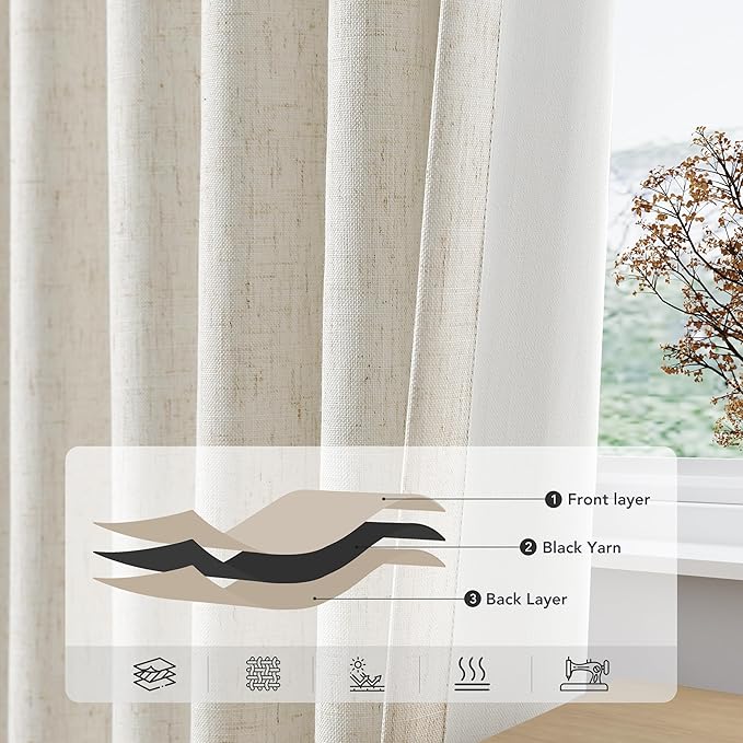Nanspring Black Out Linen Curtains 132 Inch Long for Bedroom Grommet Neutral Cream Blackout Drapes for Bedroom Modern Farmhouse Thermal Insulated Blackout Curtain 132 Inch Length with White Backing