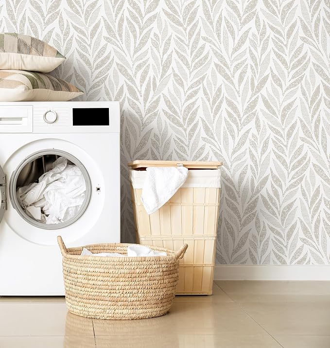 Safiyya 393"x17.3" Boho Peel and Stick Wallpaper Beige and White Wallpaper Leaf Self Adhesive Removable Wall Paper for Bathroom Bedroom Contact Paper for Walls Vinyl Roll