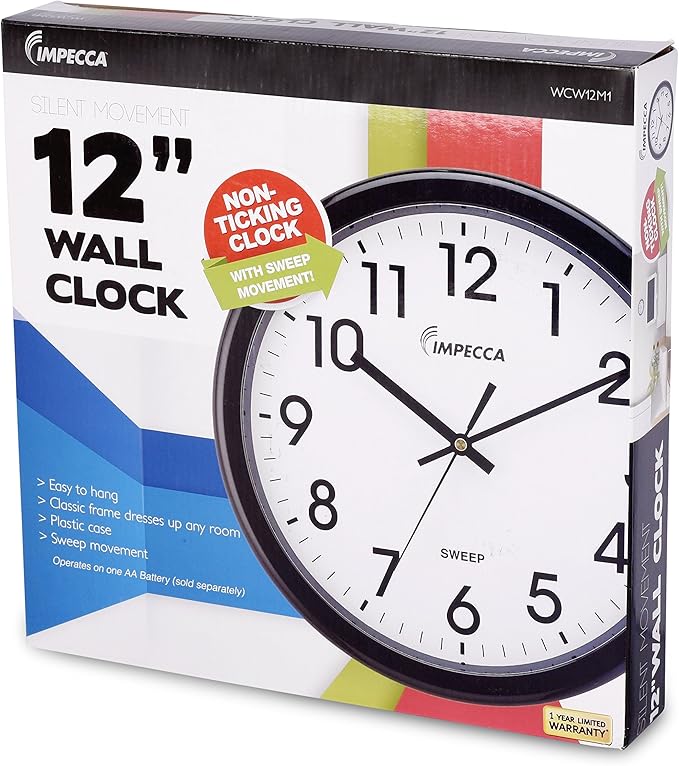 Impecca WCW12M1 12'' Non Ticking Sweep Movement Wall Clock, Black