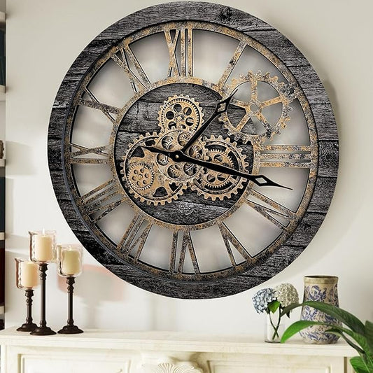 ImprovingLife The Gears Clock The Original Real Moving Gear Wall Clock Vintage Industrial Oversized Rustic Farmhouse (24 inch (60cm), Vintage Carbon Grey and Bronze)