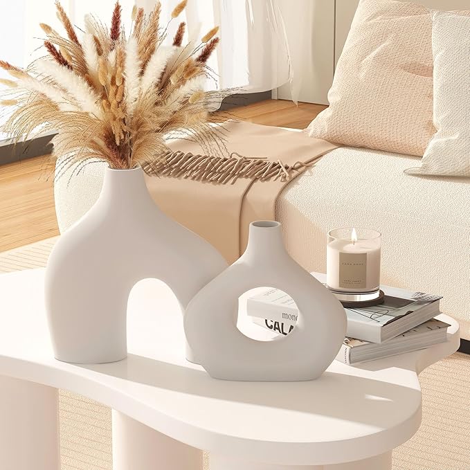 White Ceramic Vase Set of 2, Pampas Grass Vases for Home Decor, Hollow Round Boho Vases for Flowers, Nordic Minimalism Style vase for Living Room Bedroom Shelf Decor