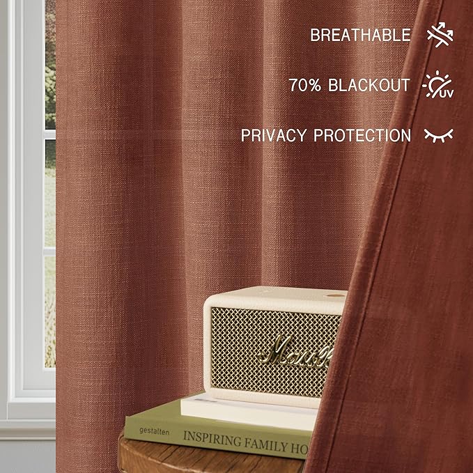 HESTIA Linen Curtains 54 inches Long 2 Panel Set Back Tab Pocket Rustic Farmhouse Boho Drapes for Living Room Semi Sheer Red Orange Window Curtain for Dining Room (54" L x 52" W)