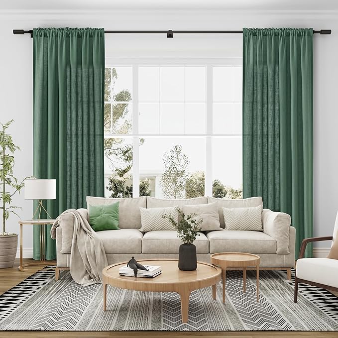 Guken Green Linen Curtains 96 Inch Length for Living Room Bedroom 2 Panels Set Rod Pocket Light Filtering Semi Sheer Window Curtains 52 Inch Width Boho Farmhouse Linen Drapes, W52xL96