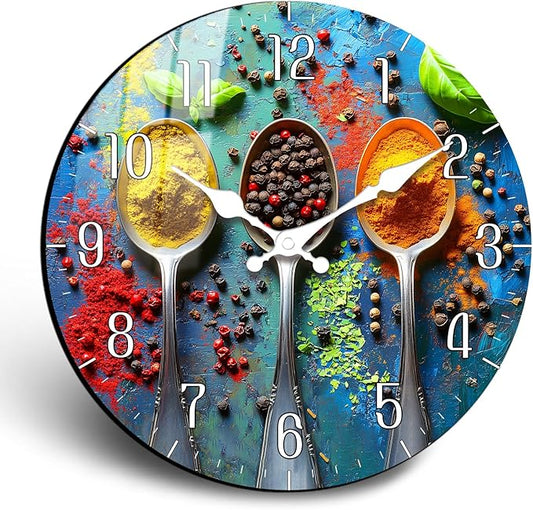 10 Inch Kitchen Spice Wall Clock - Round Silent Wall Clock Battery Operated, Non Ticking Analog Clocks Decorative for Bedroom Office Living Room Wall Décor
