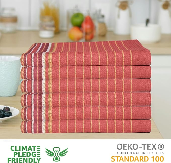 Urban Villa Fall Kitchen Towels 100% Cotton Highly Absorbent Dish Towels Rust Color Set of 6 Size-20"X30" Waffle Salsa Stripes Thanks Giving Dish Cloths & Dish Towels with Hanging Loop Tea Towels