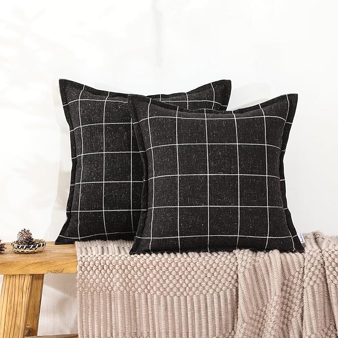 Plaid Pillow Black and White Plaid Boho Farmhouse Linen Throw Pillow Covers Set of 2, 16x16 Inches, Black