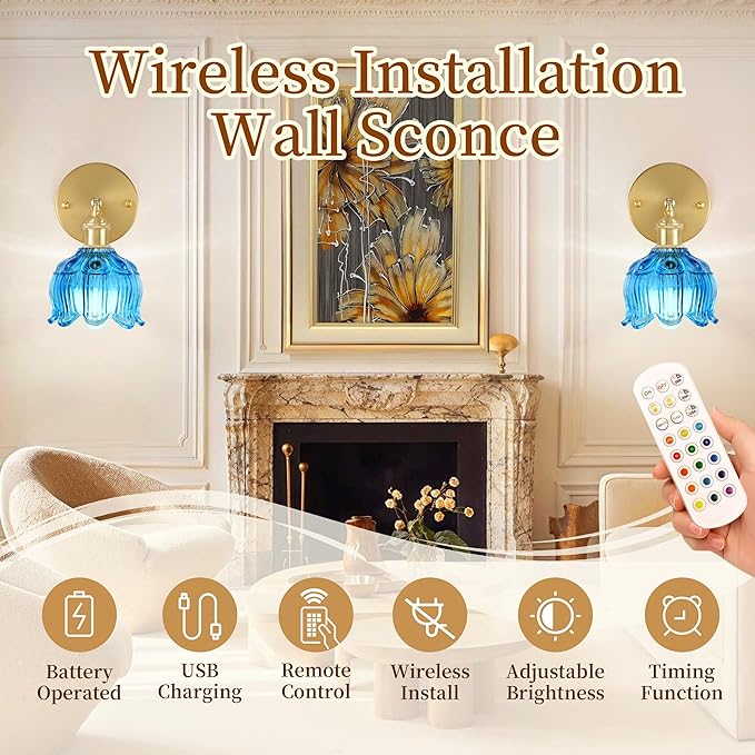 Vintage Battery Operated Wall Sconce with Flower lampshade,Rechargeable Battery Powered Wall Lights,Wall lamp with 15 Colors for Bedroom Living Room Home Decor (Flower Blue, 2 Light Battery Operated)