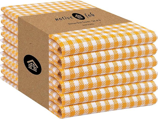 Native Fab 6 Pack Gingham Mini Check Kitchen Hand Towels Set - 100% Cotton Absorbent Reusable Washable 16"x26" - Quick Drying Dish Towels with Hanging Loops for Kitchen, Yellow White
