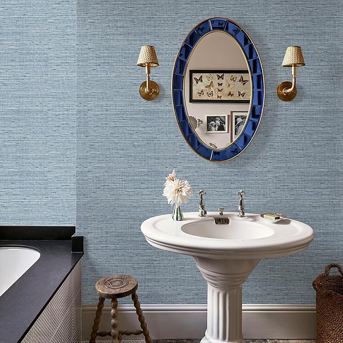 Grasscloth Peel and Stick Wallpaper 17.3" x 394" Blue Textured Grasscloth Wall Paper Renter Friendly Wallpaper Self Adhesive Removable for Bathroom Bedroom