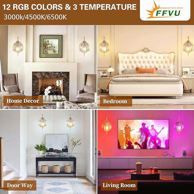 Vintage Battery Operated Wall Sconce with Flower lampshade,Rechargeable Battery Powered Wall Lights,Wall lamp with 15 Colors for Bedroom Living Room Home Decor (Amber Tulip, 2 Light Battery Operated)