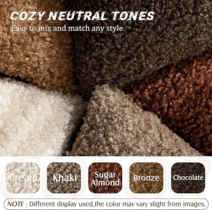Foindtower Set of 2 Curly Teddy Wool Pillow Covers Decorative Boucle Textured Lumbar Throw Pillow Faux Fur Sherpa Pillowcases Sheepskin Fuzzy Cushion Case for Sofa Bedroom Car 12"x20" Hazel Brown
