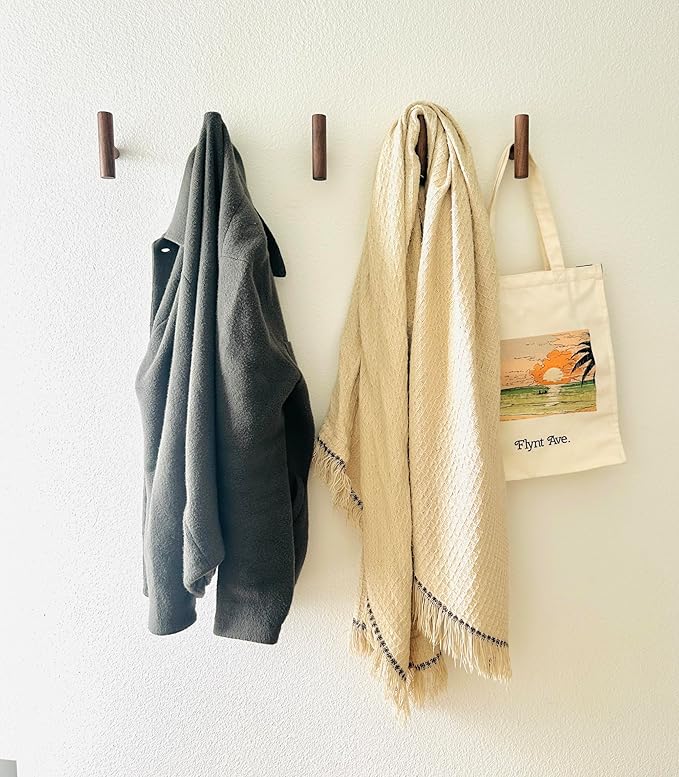 Wooden Coat Hooks, Decorative Wall Hooks for Bags, Hats, Coats, Purse, Heavy Duty, Sturdy, Natural Walnut, Easy to Install, Holds Up to 7lbs - Pack of 5