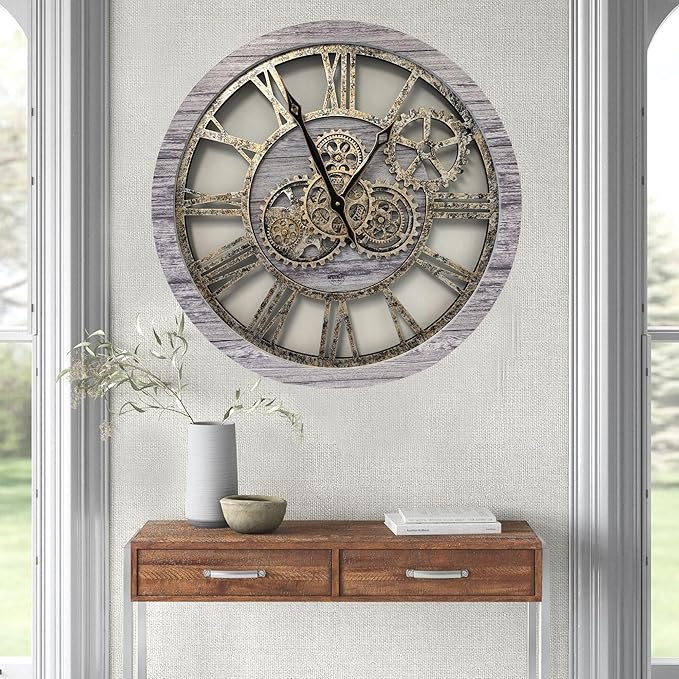 ImprovingLife The Gears Clock The Original Real Moving Gear Wall Clock Vintage Industrial Oversized Rustic Farmhouse (24 inch (60cm),Silver Grey)