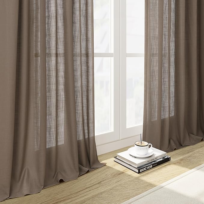 Guken Taupe Grey Linen Curtains 108 Inch Length for Living Room Bedroom 2 Panels Set Rod Pocket Light Filtering Semi Sheer Window Curtains 52 Inch Width Boho Farmhouse Linen Drapes, W52xL108