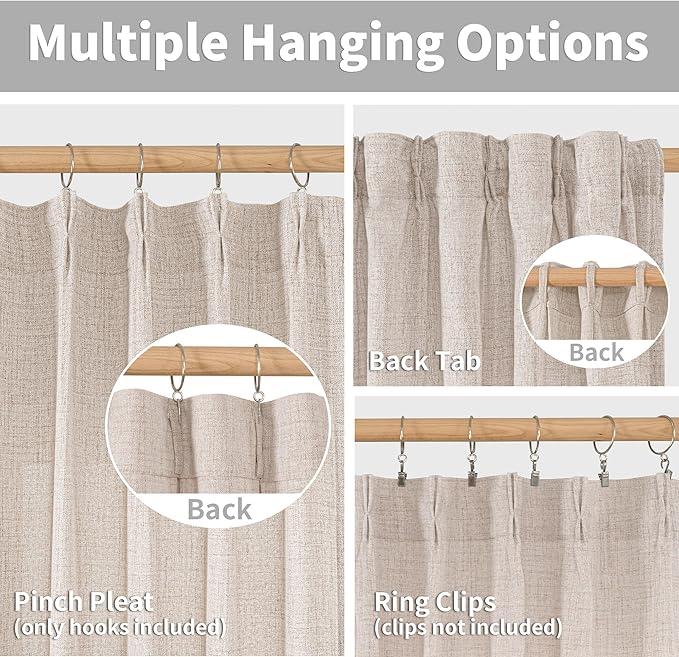 YoungsTex Short Natural Linen Curtains 45 Inch Length 2 Panels Pinch Pleated Light Filtering Textured Window Drapes for Bedroom Kitchen Cafe Privacy Back Tab, 40 X 45 Inch