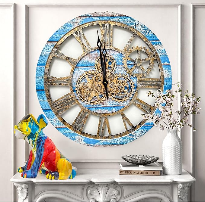 ImprovingLife The Gears Clock The Original Real Moving Gear Wall Clock Vintage Industrial Oversized Rustic Farmhouse (24 inch (60cm), Vintage Ocean Blue and Bronze)
