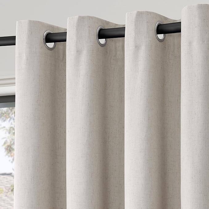 Grommet Greyish Beige Blackout Linen Curtains 84 inches Long for Bedroom Full Light Blocking Thermal Insulated Black Out Curtain Panels 84 Length Energy Saving Room Darkening Curtain White Backing