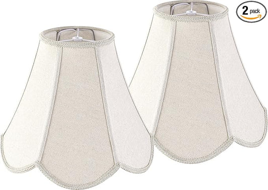 GO&SO Set of 2 Beige Gray Burlap Fabric (Petal Edge Braid) Scalloped Lamp Shade,6"Top x 13"Bottom x 10.6"Vertical Height (Spider) Replacement Lamp Shades for Table Lamps,Floor Lamp Cover,Easy Assembly