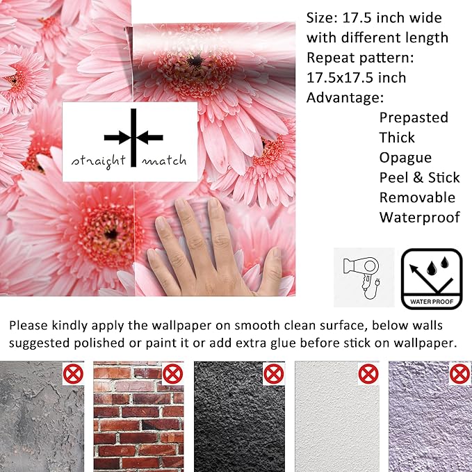 Livelynine 17.5x276" Pink Wallpaper Stick and Peel Boho Pink Flower Wall Paper for Girls Room Bathroom Accent Daisy Coquette Floral Wall Murals Removable Decorative Contact Paper for Furniture Desk
