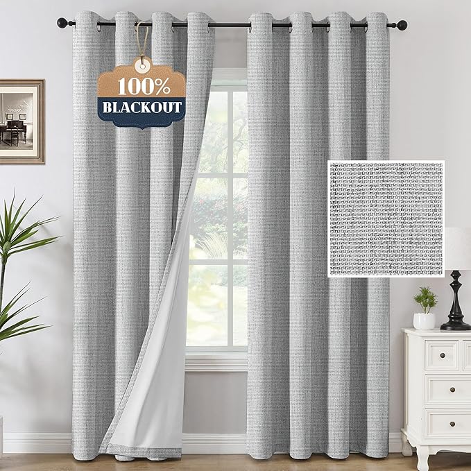 H.VERSAILTEX 100% Blackout Curtains Linen Textured Chenille Curtains Thermal Insulated Curtain 84 Inches Long with White Flocking Coating Back, 2 Panels, Heathered Glacier Gray(Not Solid)
