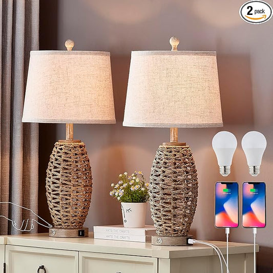 27” Natural Rattan Table Lamps Set of 2,Touch Switch,3-Way Dimmable Bedside Lamps, with A+C USB Charging Ports,Oatmeal Lampshade,Farmhouse Table Lamp for Bedroom, Living Room(2 Bulbs Included)