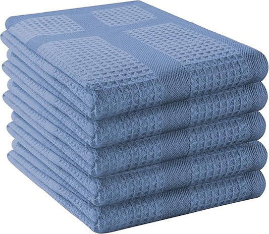 5 Pack Waffle Weave Kitchen Towels, 16x26 Inch, 100% Cotton, Absorbent Dishcloth Set, Quick Dry, Soft for Cleaning, Wiping, Hand Towels, Dish Rags, Wash Cloth, Durable, Sky Blue