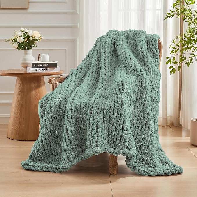 Carriediosa Chunky Knit Throw Blanket 50" X 60", 100% Hand Made Large Chenille Loop Yarn Soft Fluffy Throws for Couch Sofa Bed, Big Crochet Cozy Heavy Thick Cable Woven Blanket, Sage Green