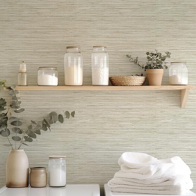 Grasscloth Peel and Stick Wallpaper - 17.3x394 Renter Friendly, Cream Textured Grassweave Wallpaper Prepasted Contact Wall Paper