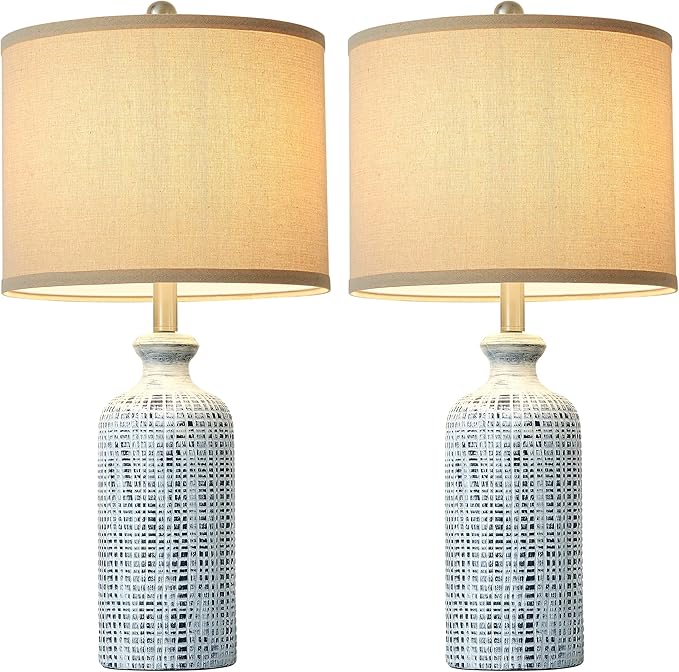 Living Room Lamps Set of 2, 25.8" Ceramic Table Lamps for Bedrooms with Linen Shade, Modern Farmhouse Lamps for Nightstand with Rotary Switch