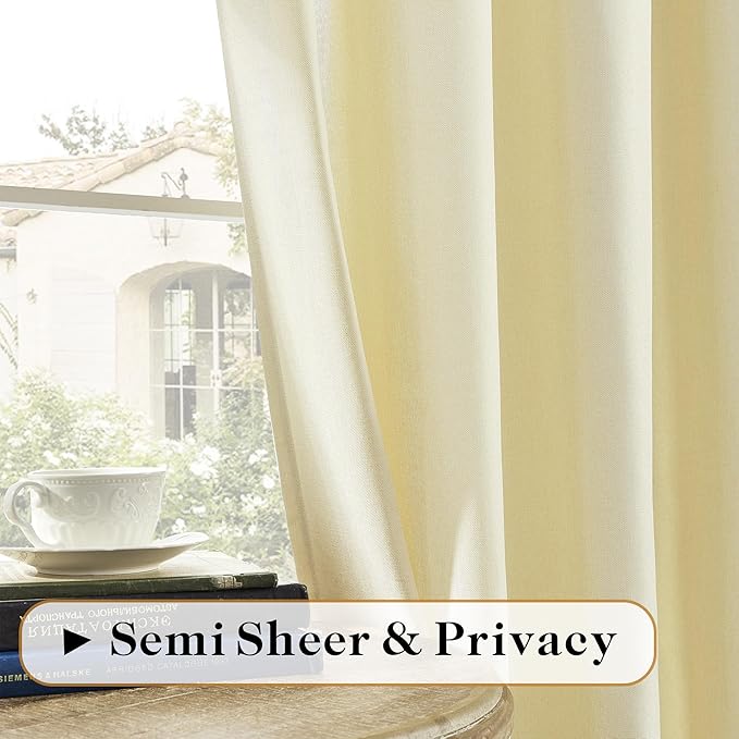 Back Tab Linen Curtains 72 Inch Length 2 Panels Set, Light Filtering Semi Sheer Farmhouse Boho Curtains & Drapes for Bedroom Living Room, Light Yellow W50 x L72