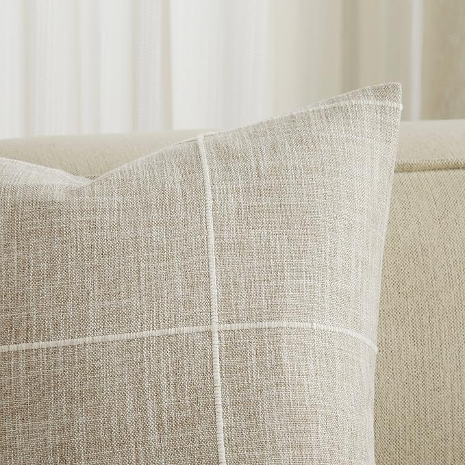 2 Packs Grid Embroidery Throw Pillow Covers, 18x18 Inch Raw Linen, Farmhouse Linen Decorative Beige Cushion Covers for Sofa Bed Living Room Home Decor