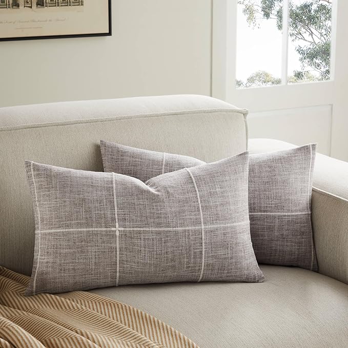2 Packs Grid Embroidery Lumbar Throw Pillow Covers, 12x20 Inch Brown, Farmhouse Linen Decorative Brown Cushion Covers for Sofa Bed Living Room Home Decor