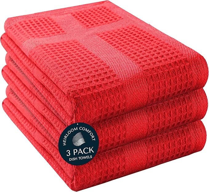 3 Pack Red Waffle Weave Kitchen Towels, 16x26 Inch, 100% Cotton, Absorbent Dishcloth Set, Quick Drying, Durable for Cleaning, Wiping, Drying Dishes, Machine Washable Dish Towel, Red