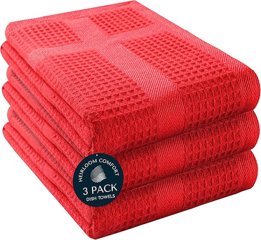 3 Pack Red Waffle Weave Kitchen Towels, 16x26 Inch, 100% Cotton, Absorbent Dishcloth Set, Quick Drying, Durable for Cleaning, Wiping, Drying Dishes, Machine Washable Dish Towel, Red