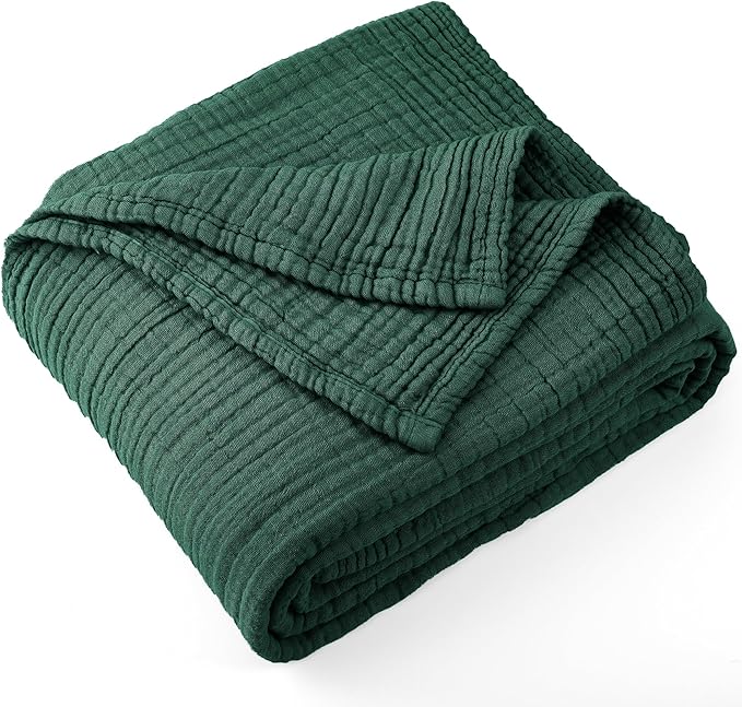 Carriediosa 100% Cotton Muslin Throw Blanket 50" X 70" Throw XL Size，4-Layers Summer Gauze Throws for Bed Couch，Soft Lightweight Breathable Linen Blankets Bedspread for Adults All Season，Dark Green