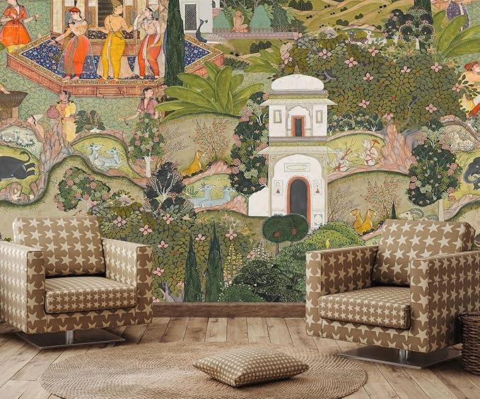 Indian Lush Jaipur Garden Wallpaper Mural Vibrant Green Wallpaper for Bedroom Living Room TV Sofa Background Large Art Wall Mural(Not Self-Adhesive)