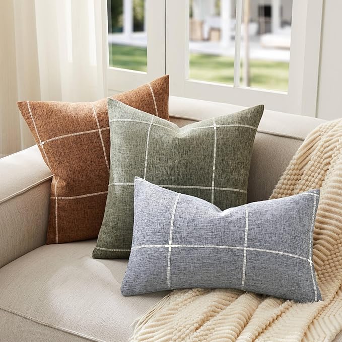 2 Packs Grid Embroidery Throw Pillow Covers, 16x16 Inch Blue Ashes, Farmhouse Linen Decorative Blue Ashes Cushion Covers for Sofa Bed Living Room Home Decor