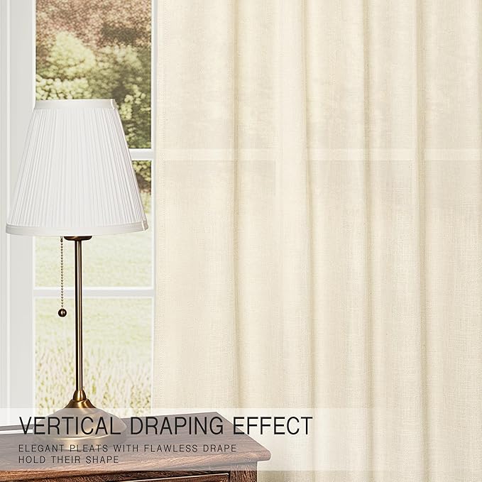 HESTIA Linen Curtains 96 inch Long 2 Panel Set Light Filtering Cream Curtain for Living Room Bedroom 42 inch Wide Blackout Drapes with Rod Pocket Back Tab Pin Hooks (96" Lx42 W)