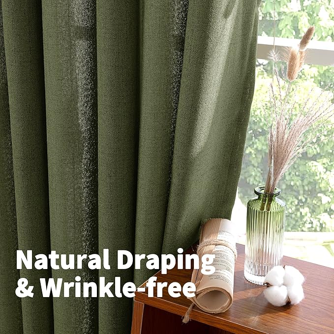 YoungsTex Olive Green Linen Curtains 78 Inch Length for Living Room, Light Filtering Semi Sheer Window Drapes with Rod Pocket Back Tab for Office Dining Bedroom, 2 Panels, 52 X 78 Inch