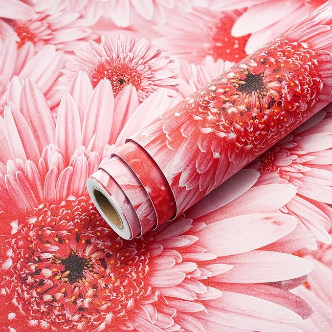 Livelynine 17.5x276" Pink Wallpaper Stick and Peel Boho Pink Flower Wall Paper for Girls Room Bathroom Accent Daisy Coquette Floral Wall Murals Removable Decorative Contact Paper for Furniture Desk