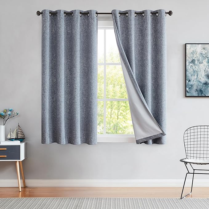 Indigo Solid Full Blackout Curtain Heavy Linen Texture Window Treatment for Bedroom Noise Reducing Triple Weave Drapes 8 Grommets Top for Living Room with Liner, Navy Blue, 50" x 63", 2 Panels